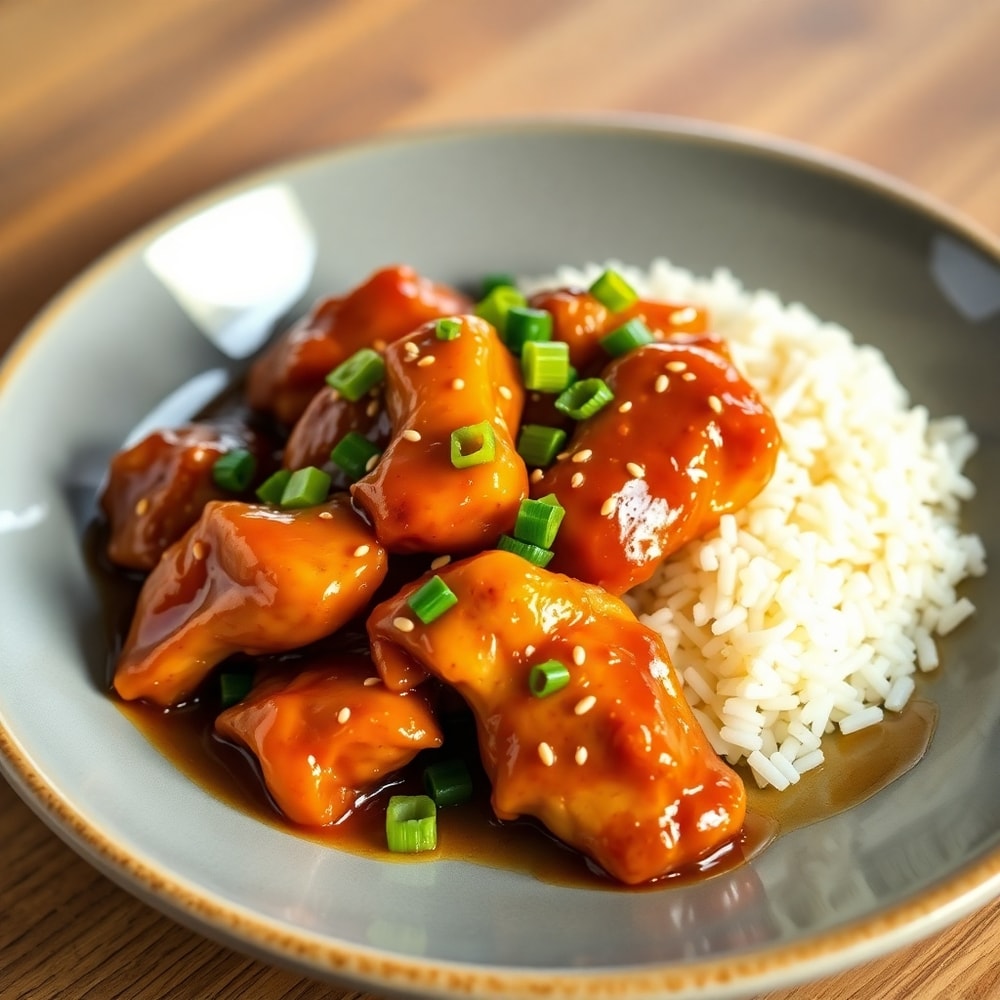 Plated honey garlic chicken with steamed rice