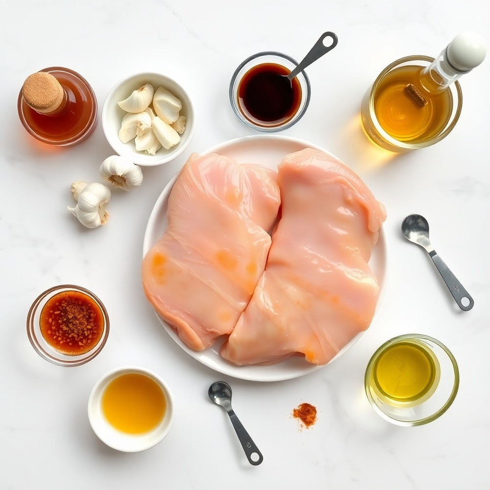Honey, garlic, chicken, soy sauce, and other ingredients for honey garlic chicken