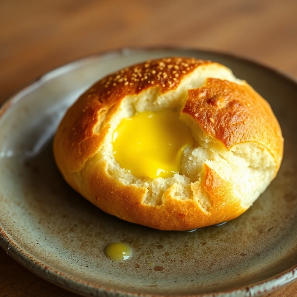 Ciabatta roll with melted butter on a rustic plate