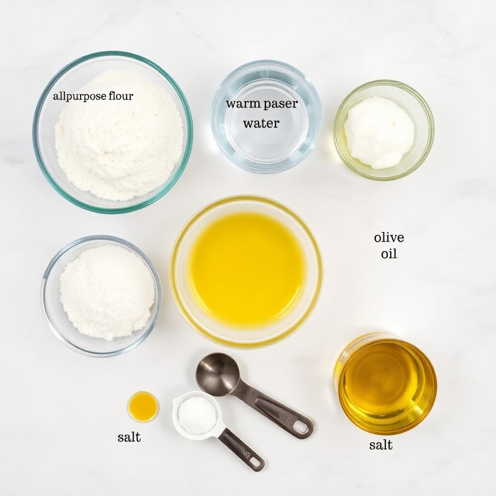 Ingredients for easy small batch ciabatta rolls on a marble counter