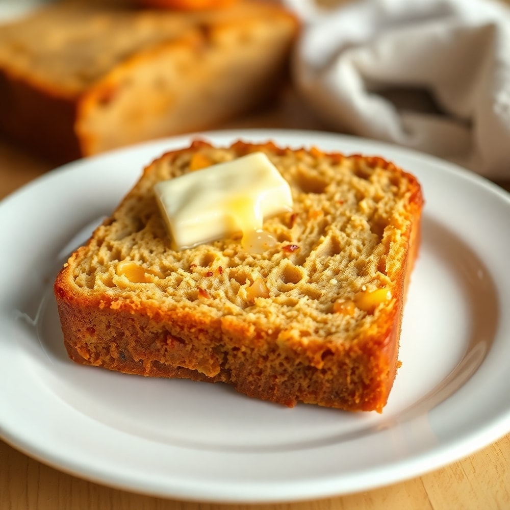 Slice of Easy Spiced Peach Bread with a pat of butter