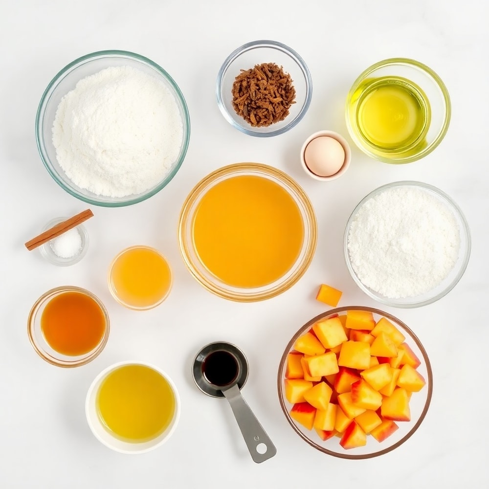 Ingredients for Easy Spiced Peach Bread on a marble surface