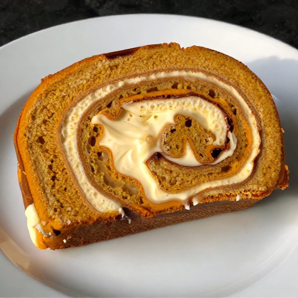 Easy Spiced Pumpkin Roll on a white plate with a fork