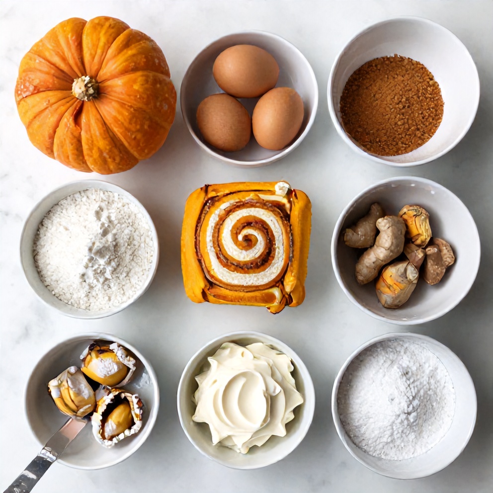 Raw ingredients for Easy Spiced Pumpkin Roll on a white marble surface