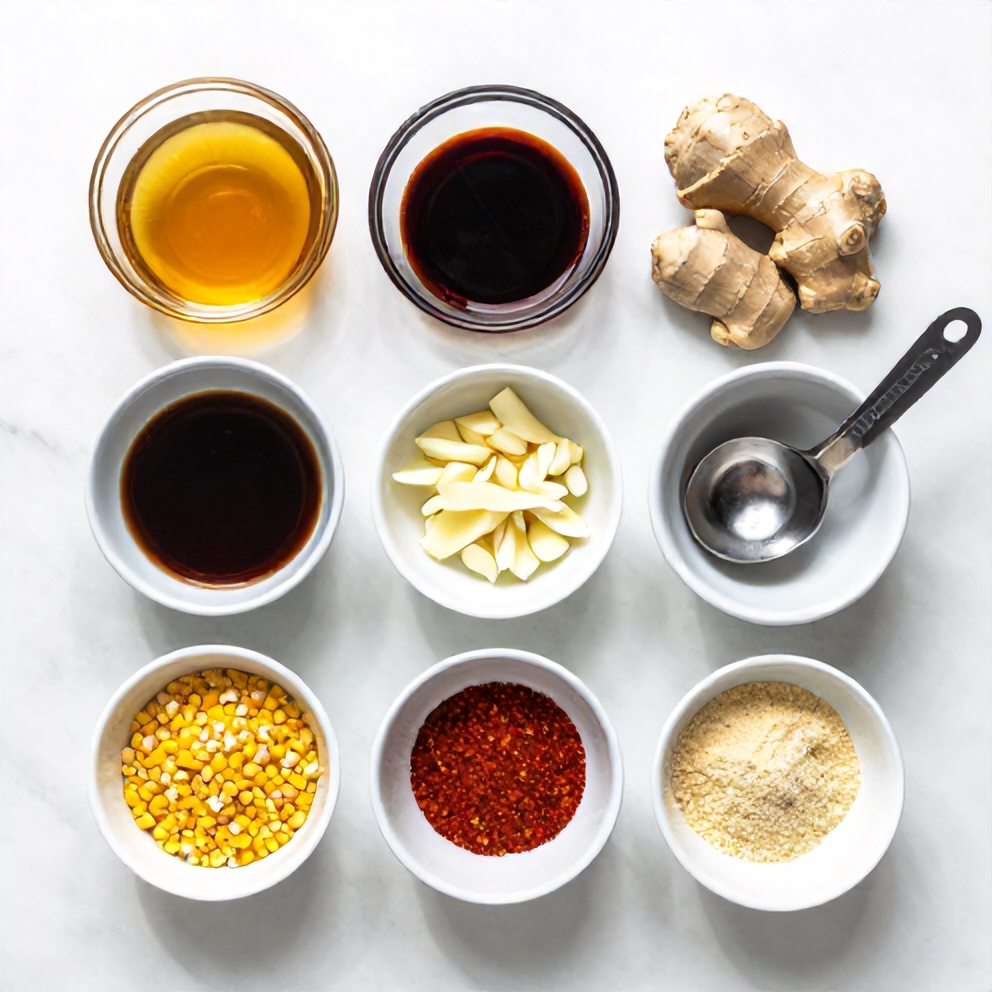 Raw ingredients for Easy Spicy Honey Soy Sauce Dinner arranged on a white marble surface