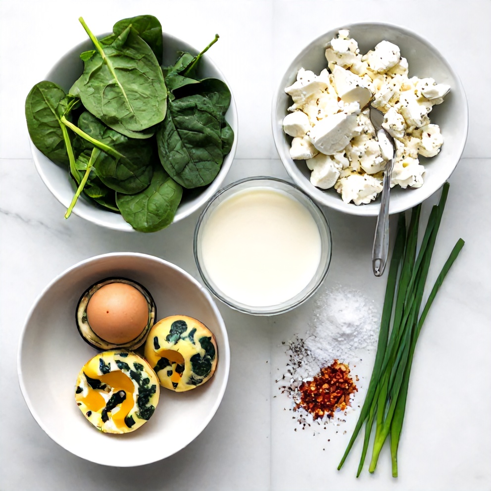 Raw ingredients for Spinach and Feta Egg Muffins