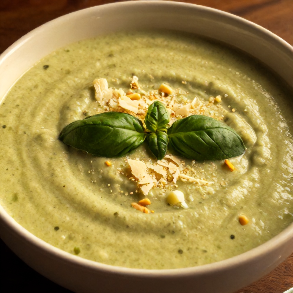 Bowl of creamy Zucchini Basil Soup with fresh basil and grated Parmesan