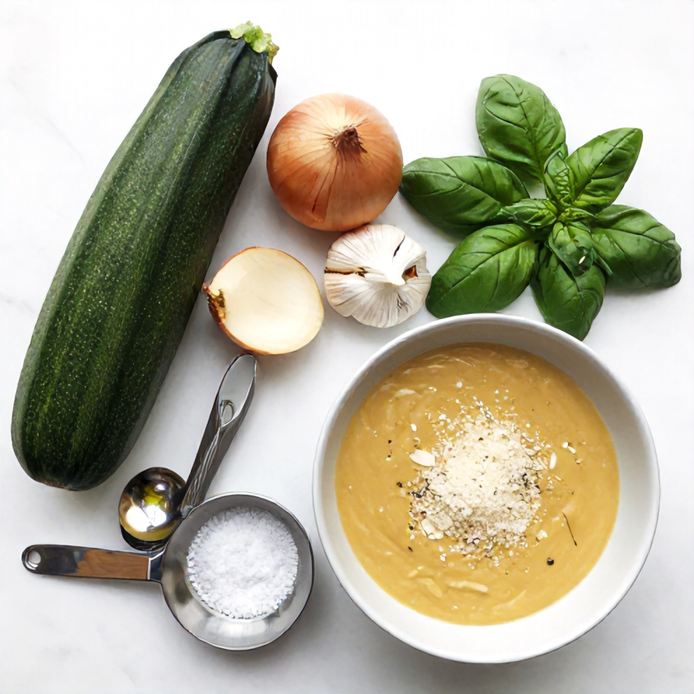 Raw ingredients for Zucchini Basil Soup: zucchini, onion, garlic, basil, Parmesan, chicken broth, olive oil, salt, and pepper