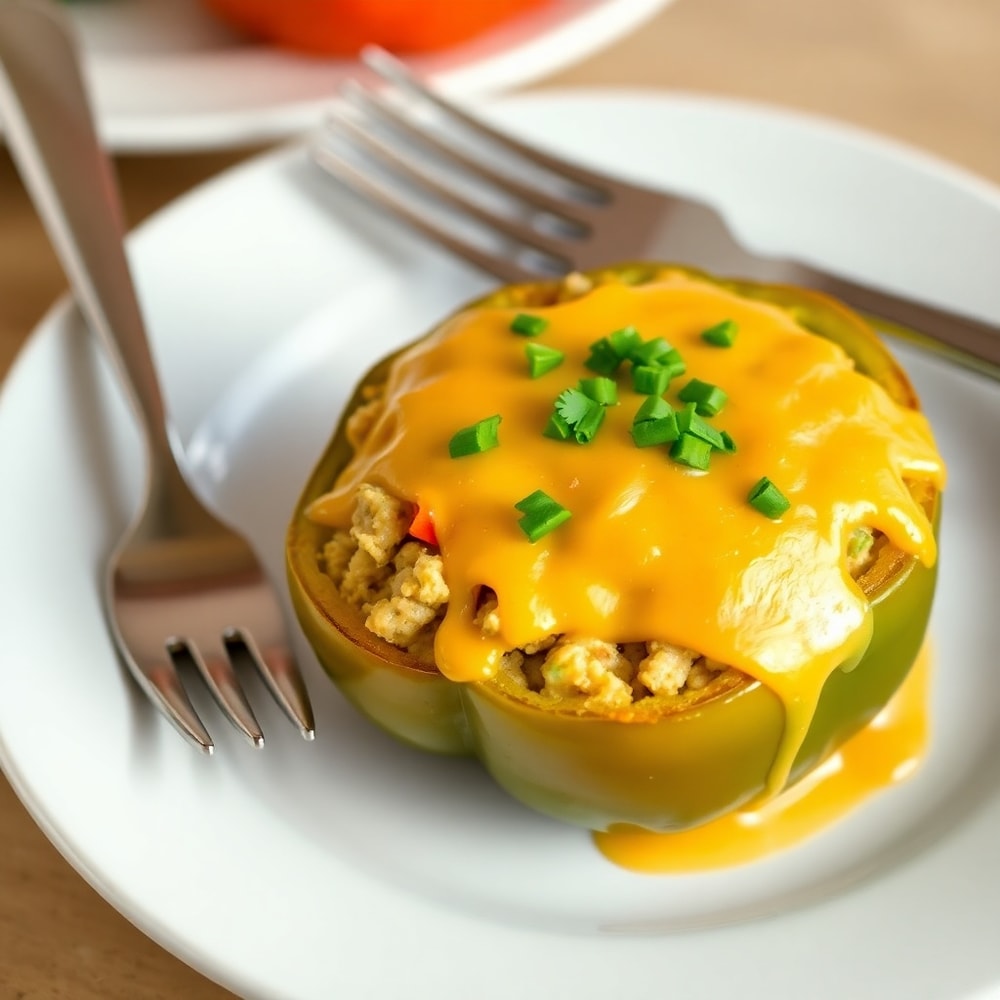 Plated Easy Stuffed Bell Peppers with melted cheese