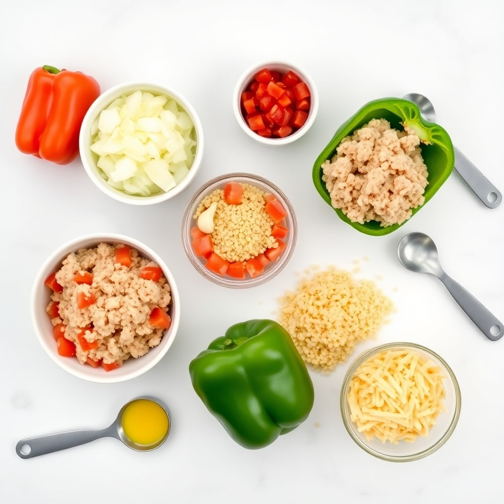 Raw ingredients for Easy Stuffed Bell Peppers on a marble surface