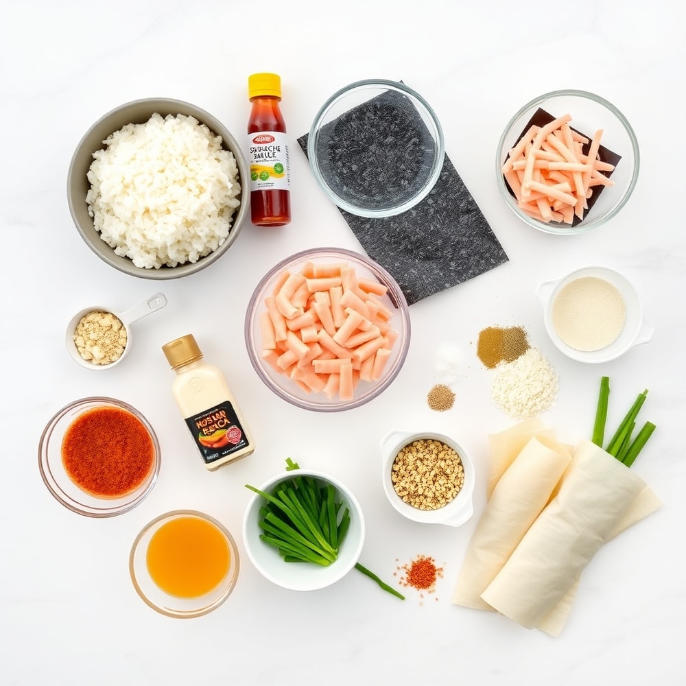 Raw ingredients for Easy Sushi Bake on a white marble surface