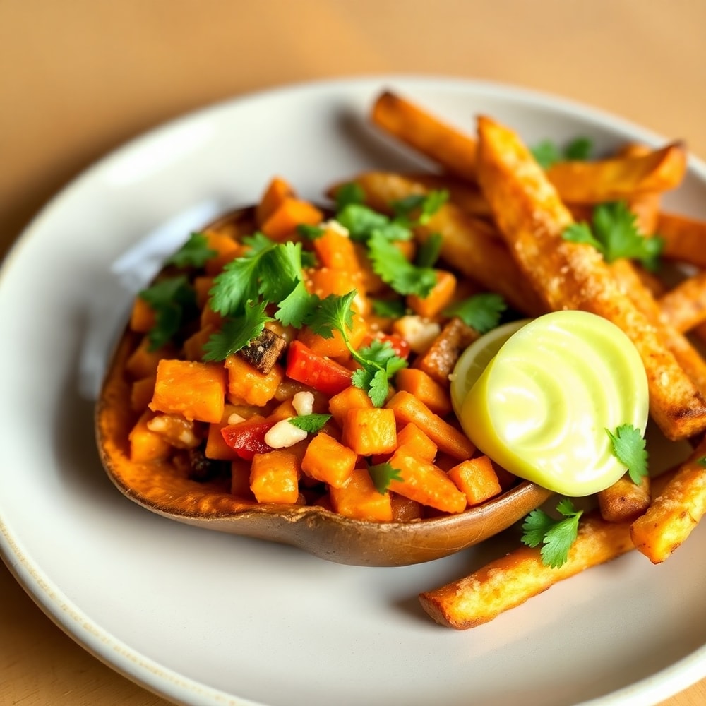 Easy Sweet Potato Taco Bowl plated with lime, cilantro, and a side of garlic parmesan fries