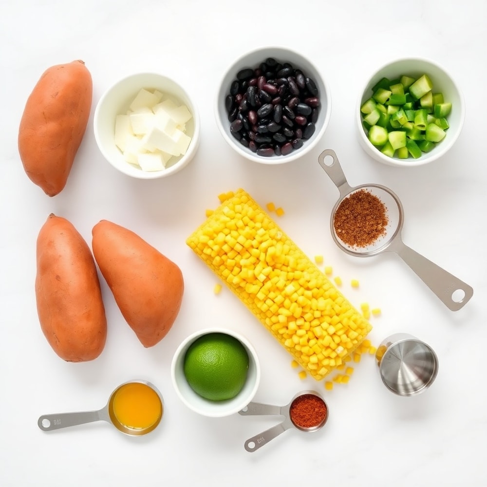 Easy Sweet Potato Taco Bowl ingredients - sweet potatoes, black beans, corn, avocado