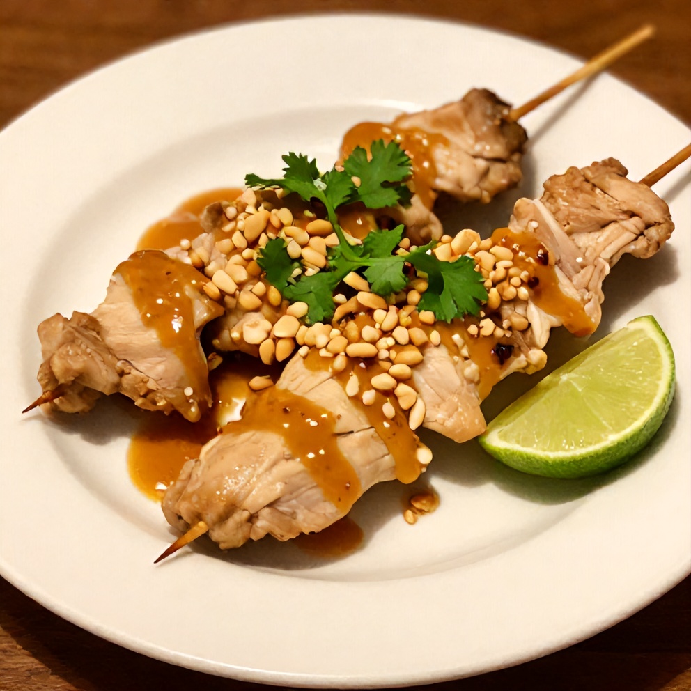 Plated Vietnamese Lemongrass Chicken Skewers with peanut sauce