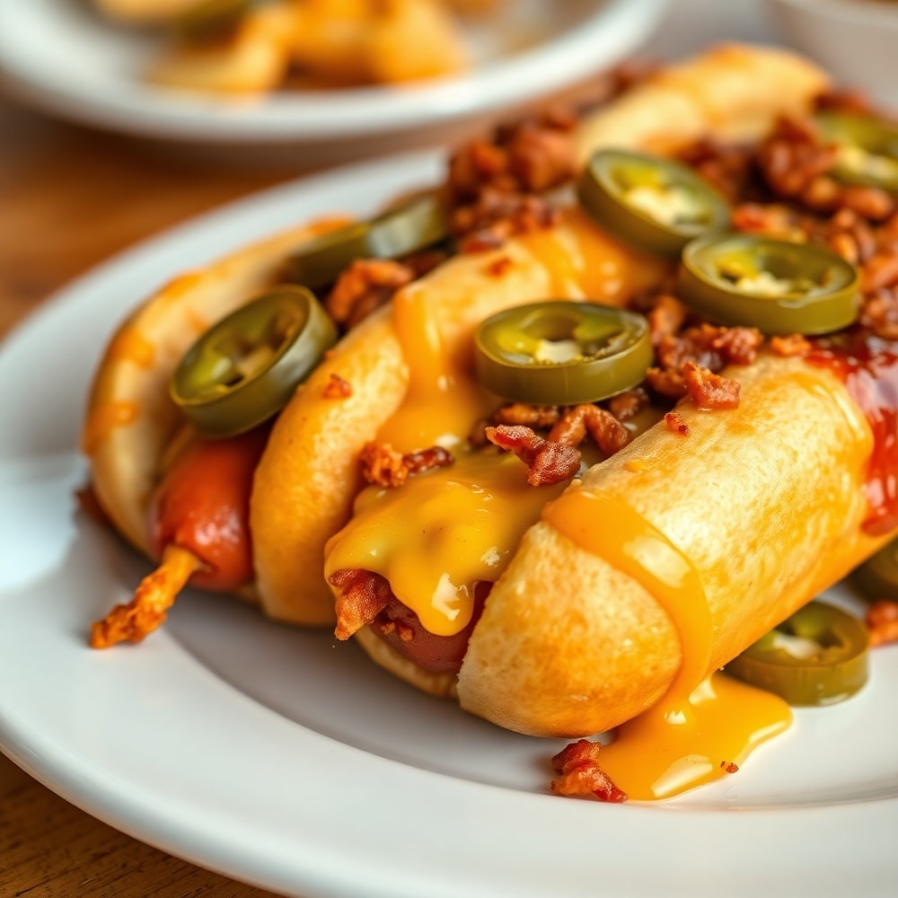 A plated serving of firecracker hot dogs with melted cheese and jalapeños