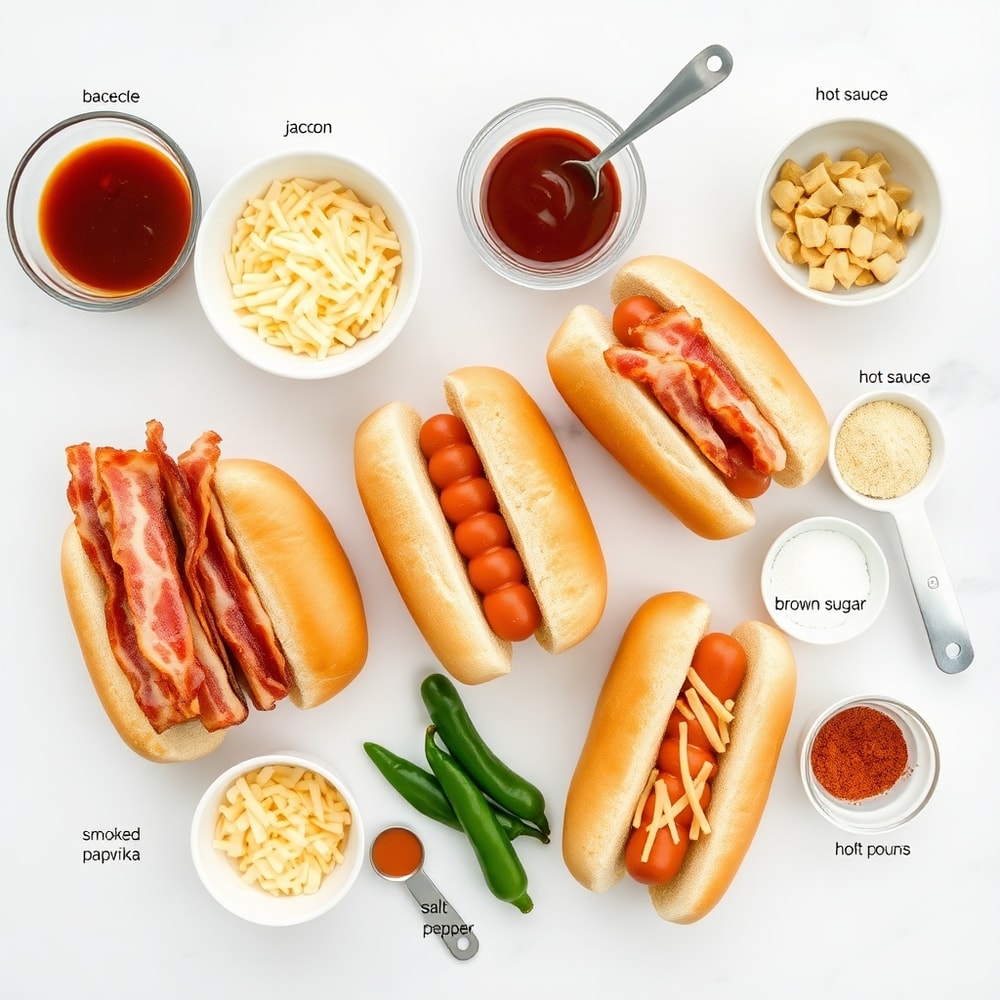 Hot dog buns, hot dogs, bacon, jalapeños, cheese, and other ingredients laid out on a wooden surface