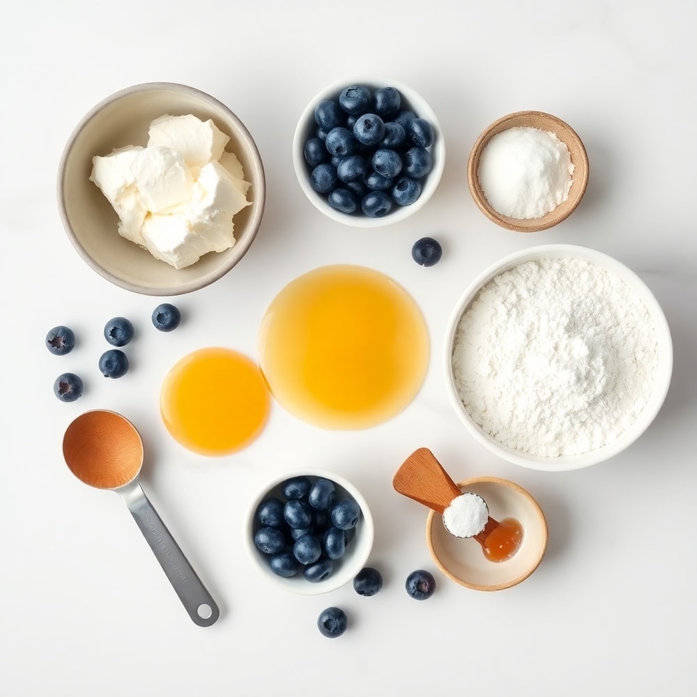 Blueberries, cottage cheese, eggs, almond flour, baking powder on a white marble surface