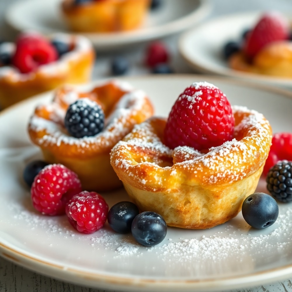 French Toast Cups plated with powdered sugar and fresh berries
