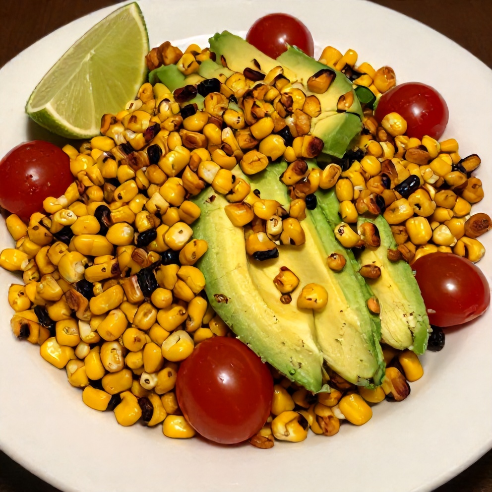 Fresh Grilled Corn Avocado Salad plated with a lime wedge
