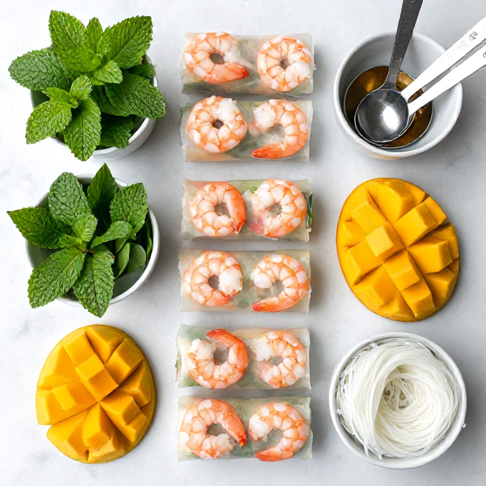 Raw ingredients for Fresh Mango Shrimp Summer Rolls