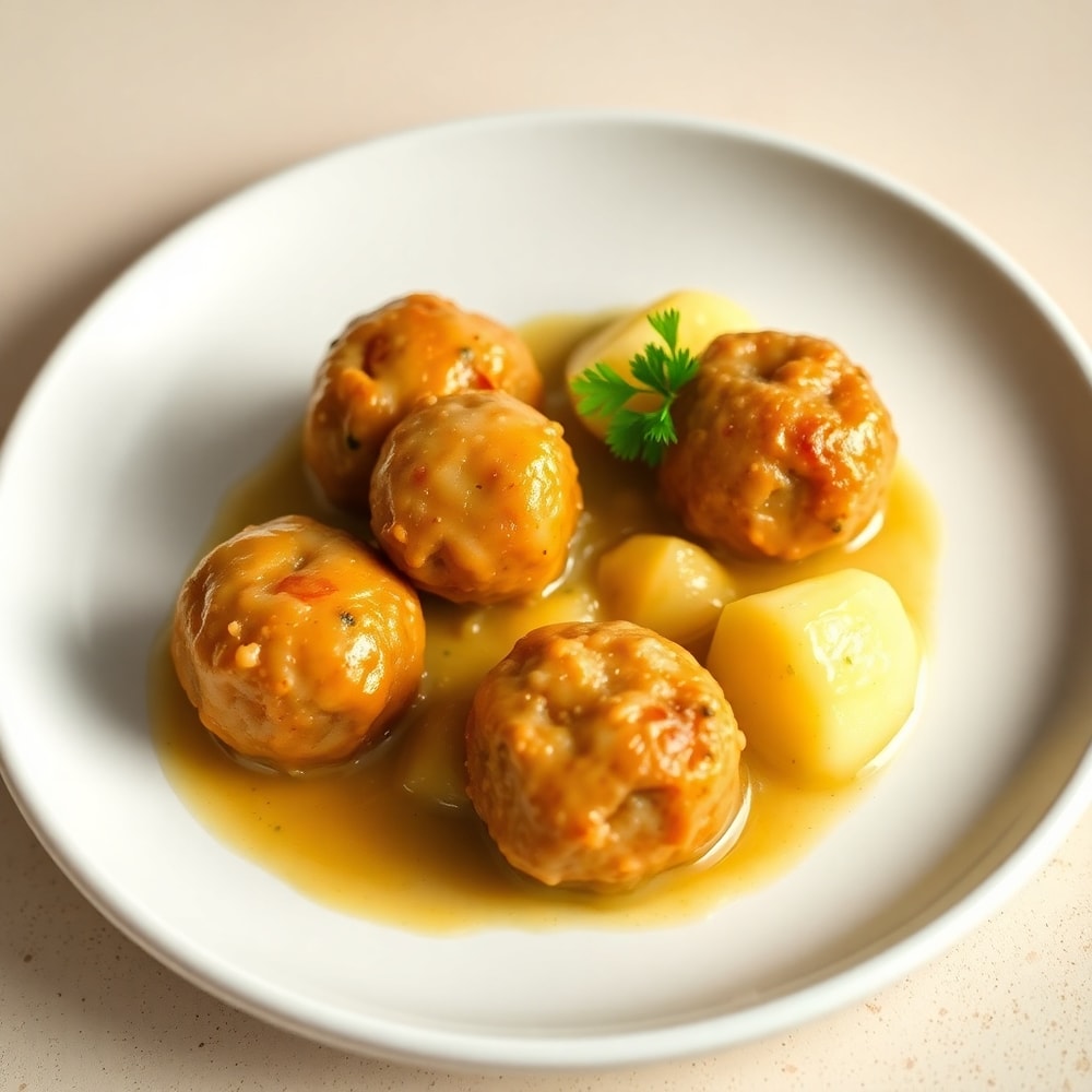 Plated Garlic Butter Meatballs and Potatoes