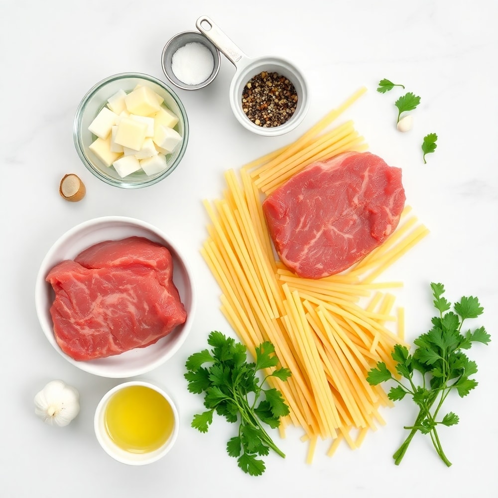 Raw Ingredients for Garlic Butter Steak Bites with Pasta
