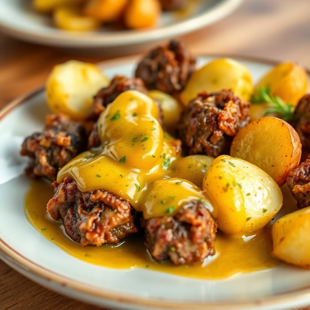 Plated Garlic Butter Steak Bites and Potatoes