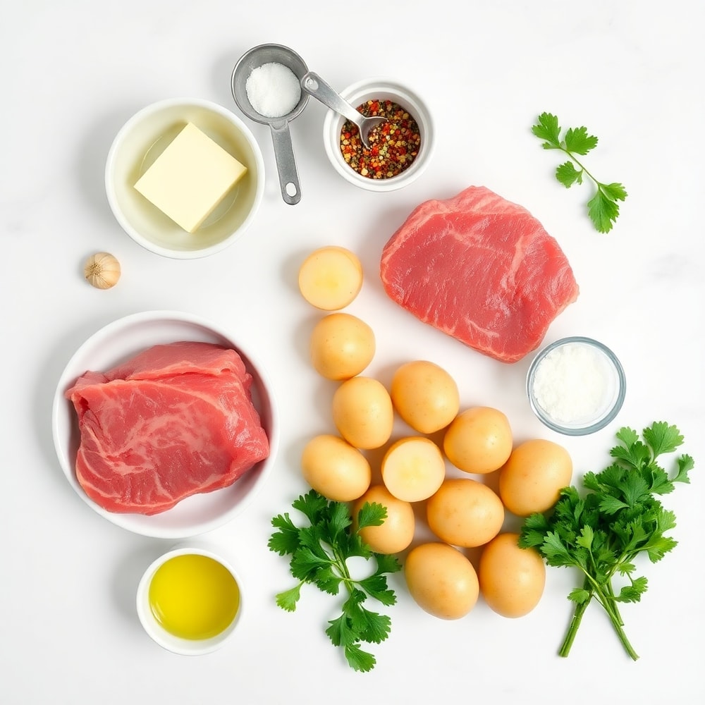 Raw Ingredients for Garlic Butter Steak Bites and Potatoes
