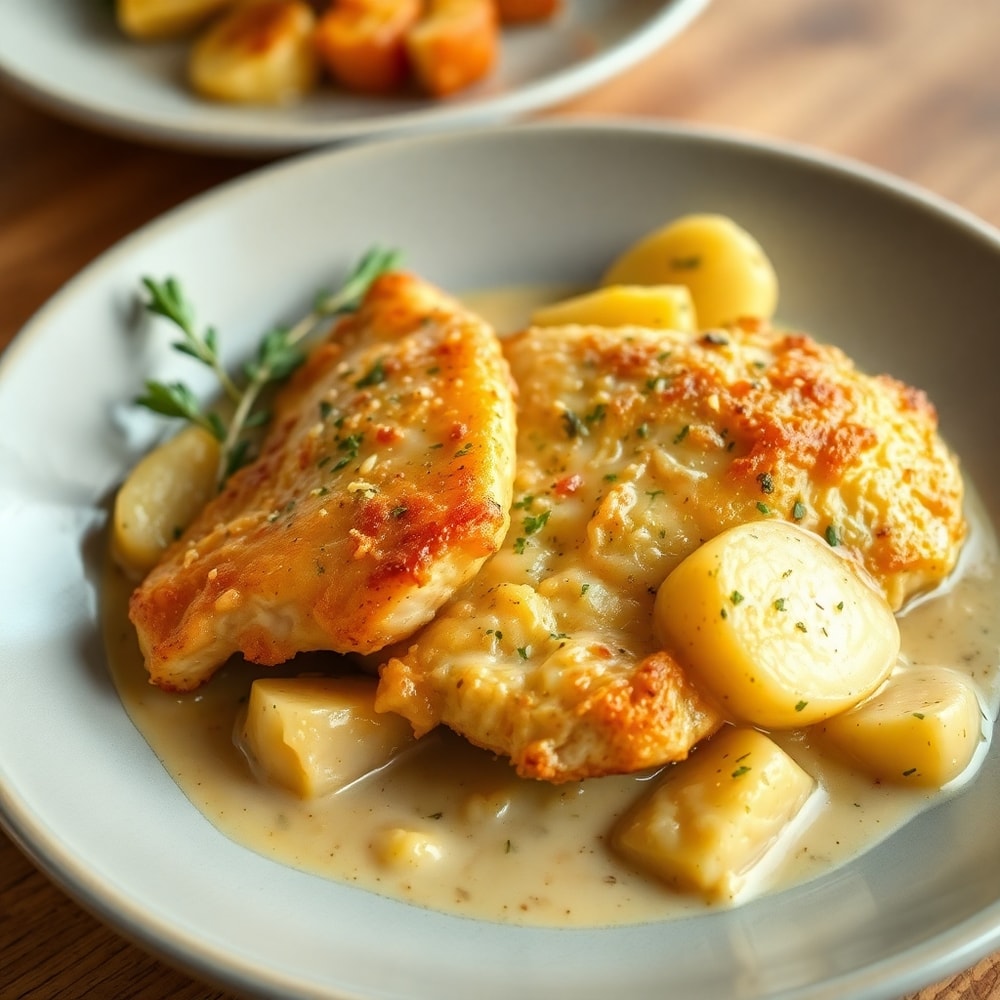 Plated Garlic Parmesan Chicken and Potatoes with parsley garnish