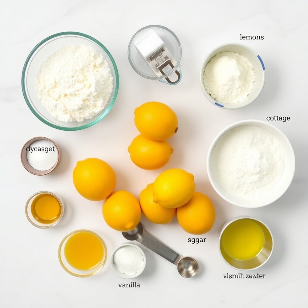Raw ingredients for gluten free lemon cottage cheese scones on a marble surface