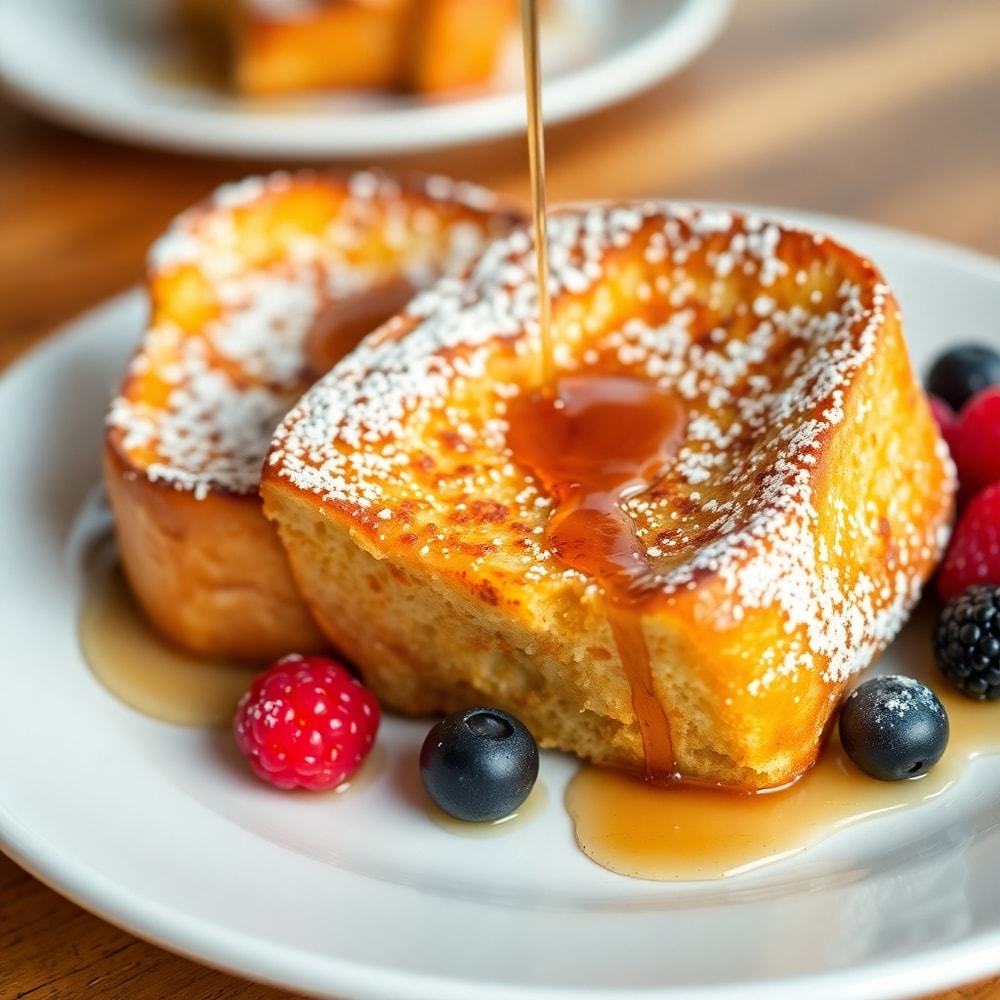 Golden French toast with maple syrup and fresh berries