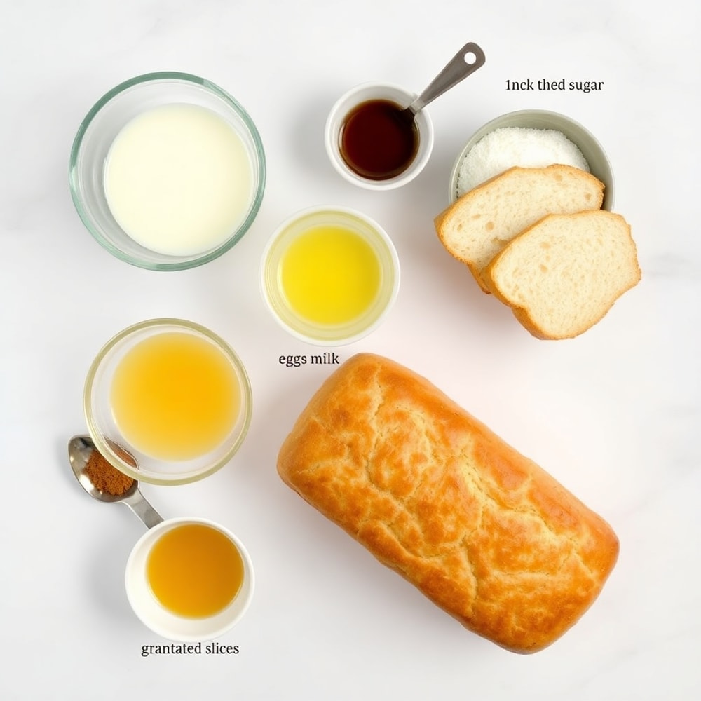 Bread, eggs, milk, cinnamon, vanilla, and butter arranged on a wooden surface
