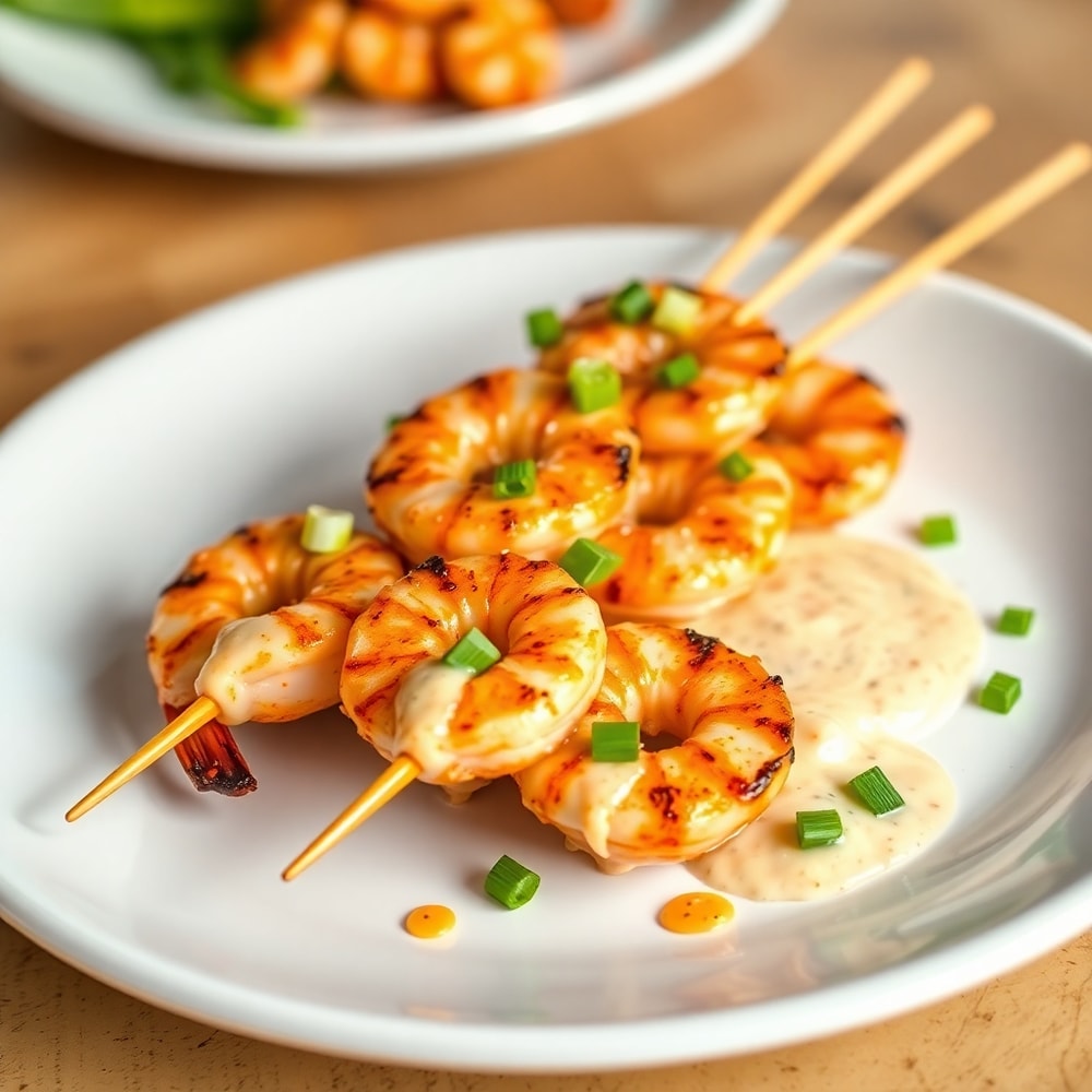 Plated Grilled Bang Bang Shrimp Skewers with green onions and sesame seeds