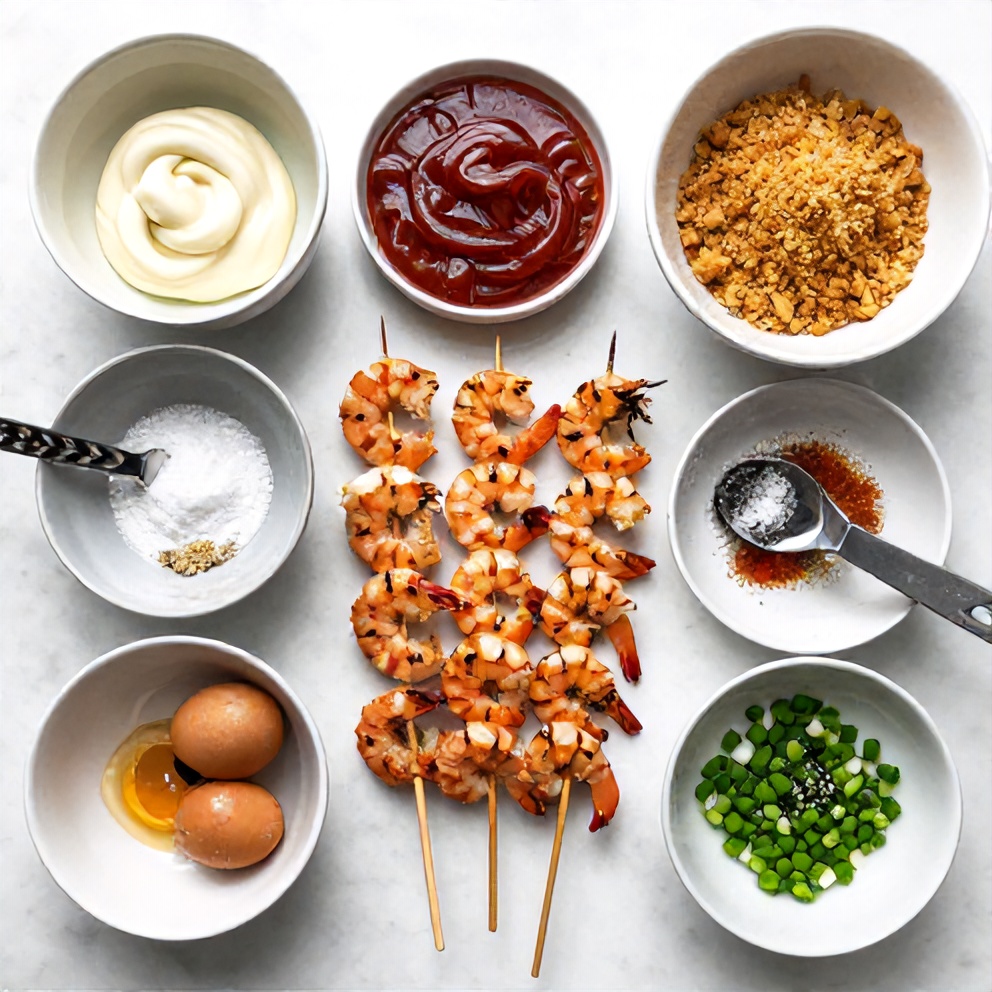 Raw ingredients for Grilled Bang Bang Shrimp Skewers on a white marble surface