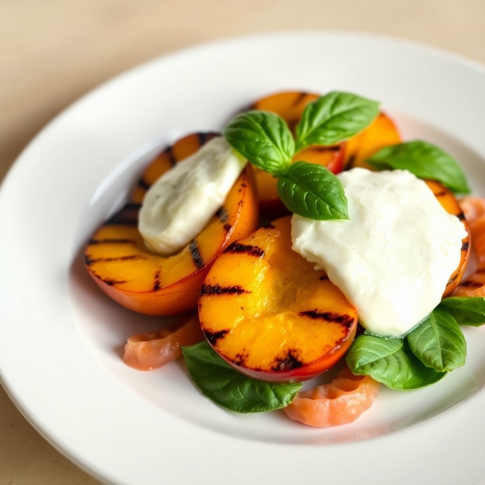 Grilled Peach and Burrata Salad on a white plate