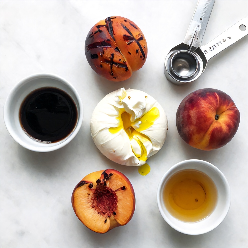 Raw ingredients for Grilled Peach and Burrata Salad on a marble surface