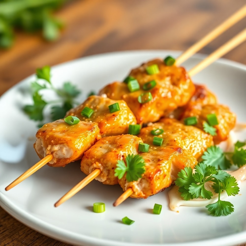Plated Thai Coconut Chicken Skewers with garnish
