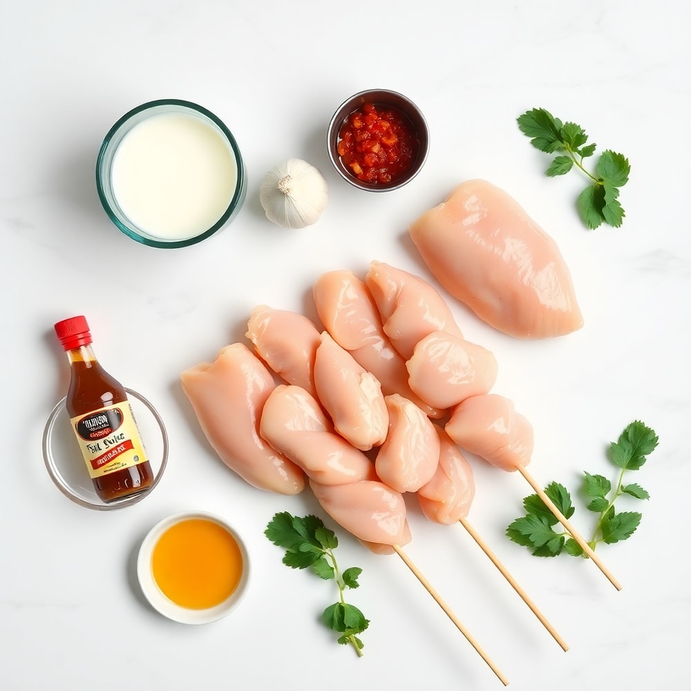 Raw ingredients for Thai Coconut Chicken Skewers on a marble surface