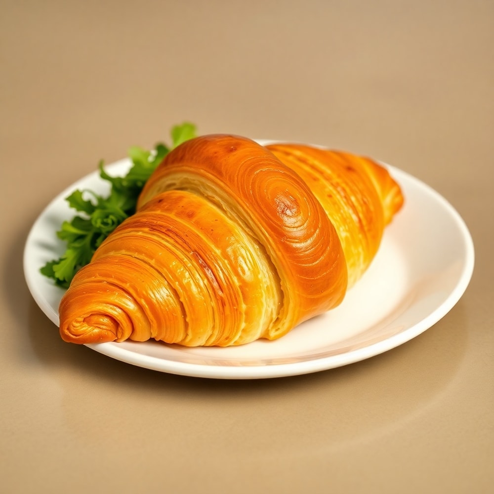 Plated ham and cheese croissant with a side of mixed greens