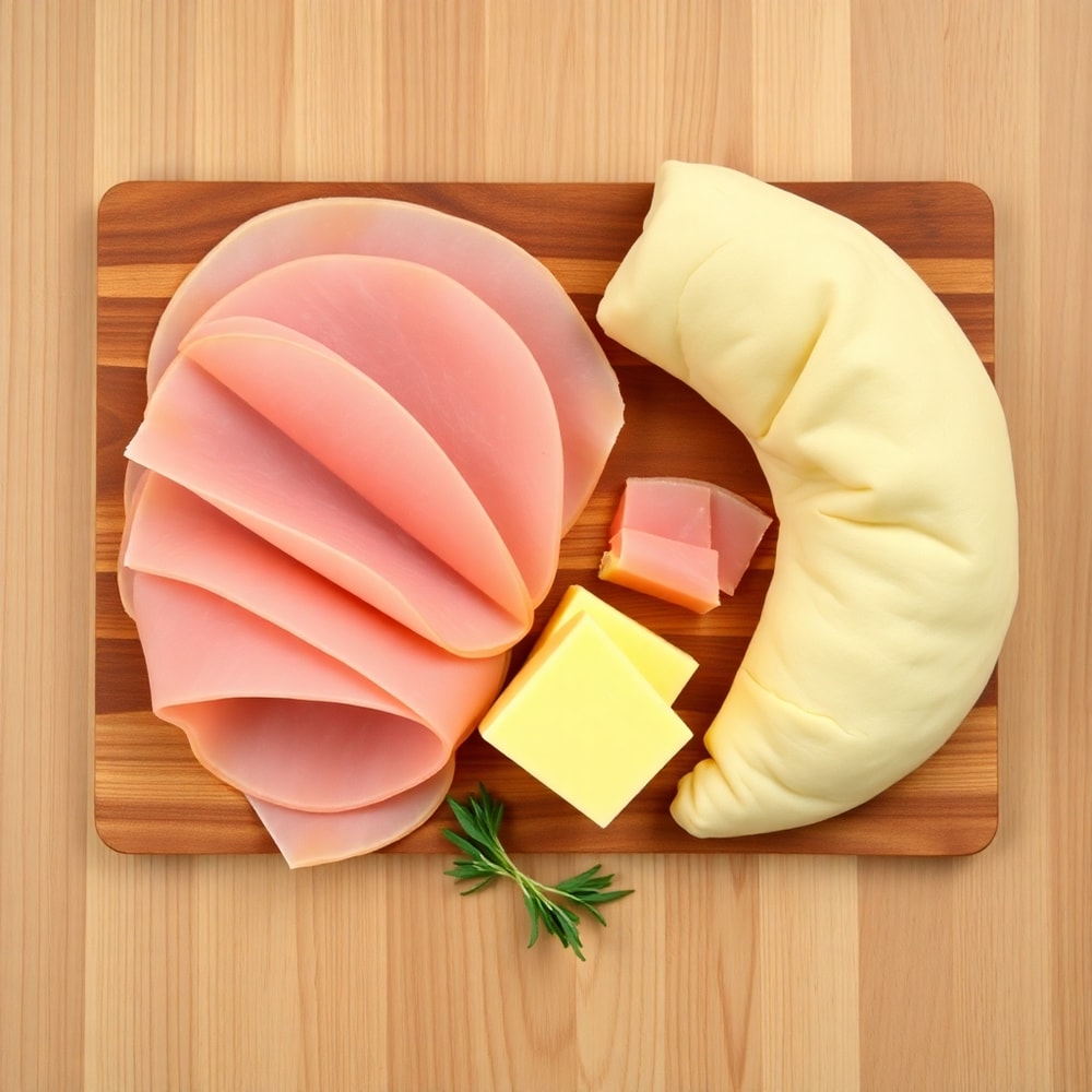 Ham, cheese, croissant dough, and butter arranged on a wooden surface