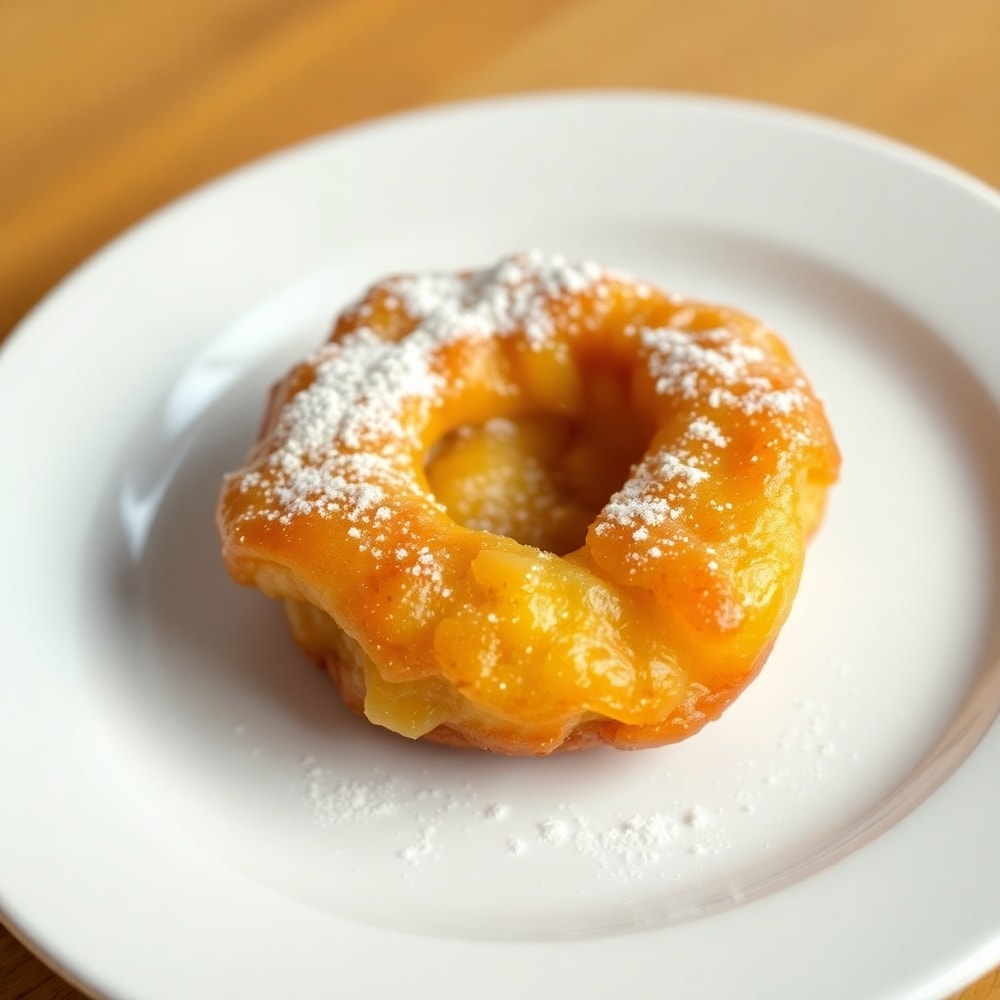 Apple fritters on a plate with a sprinkle of powdered sugar