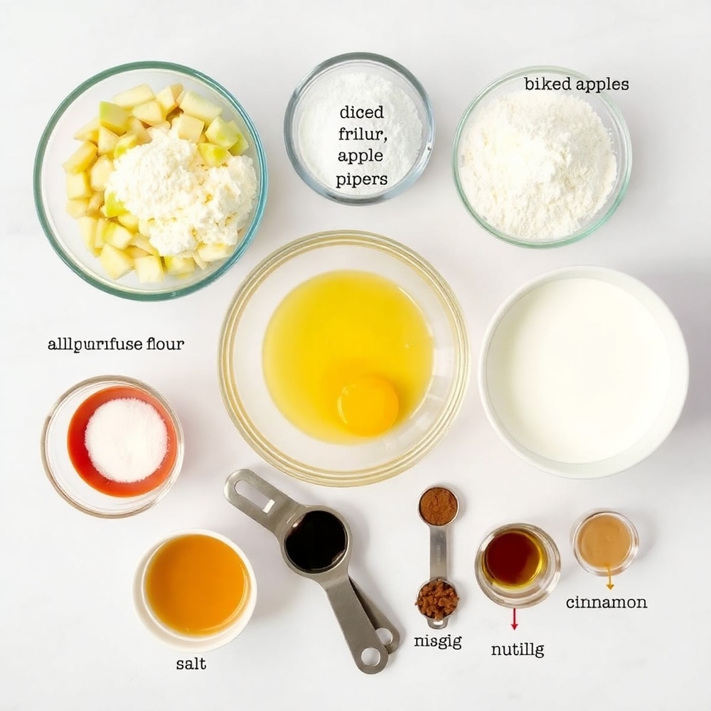 Apple fritters ingredients on a wooden surface