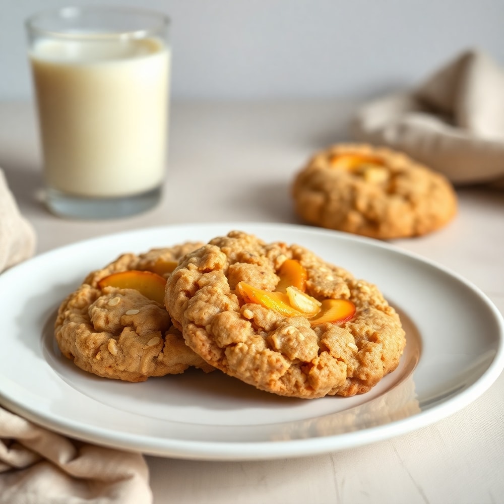 Healthy Peach Oatmeal Breakfast Cookies on a plate with a glass of milk