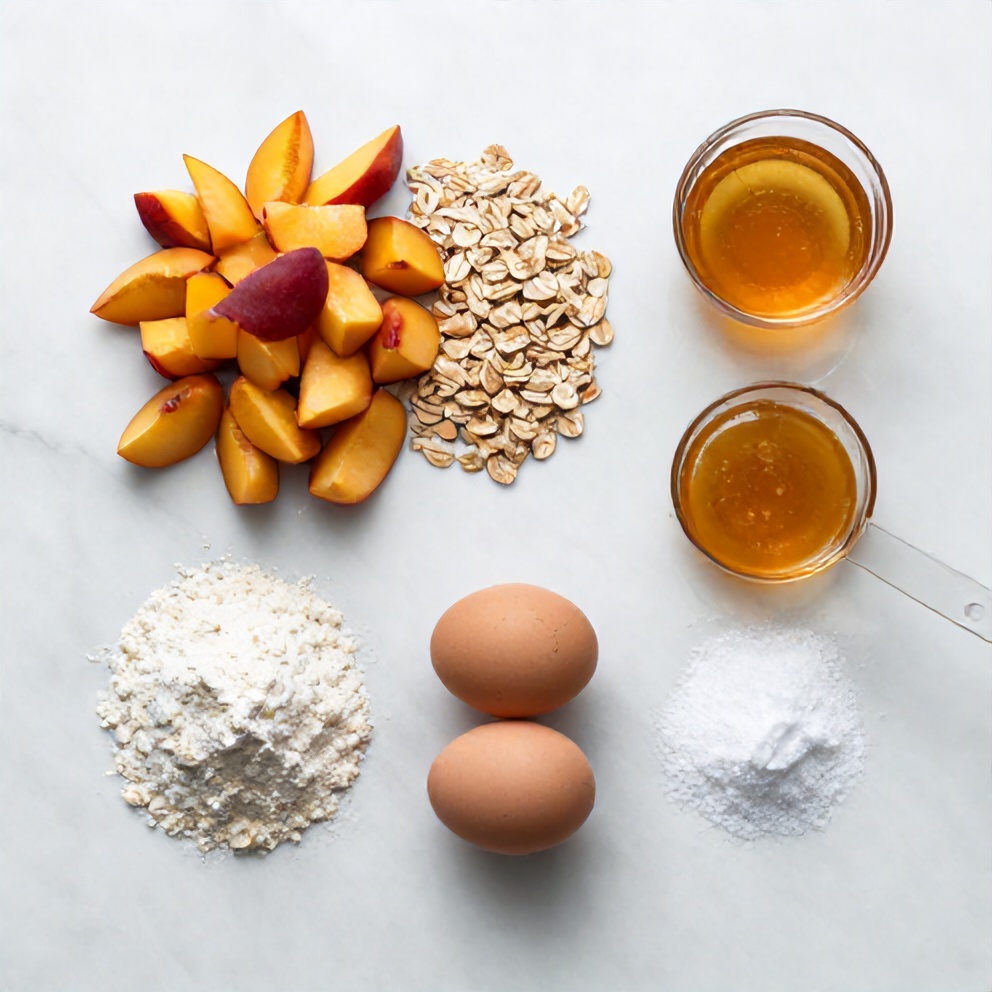 Raw ingredients for Healthy Peach Oatmeal Breakfast Cookies on a marble counter