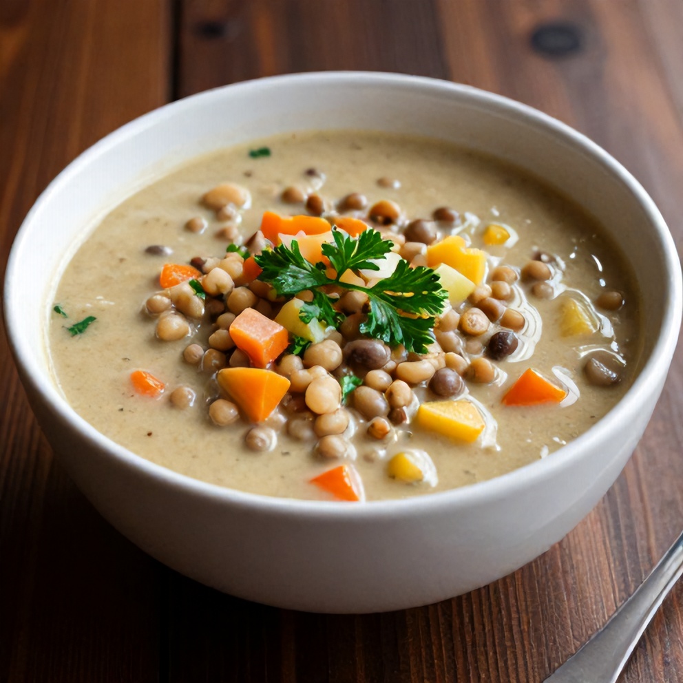 Bowl of Hearty Lentil and Vegetable Soup garnished with fresh parsley, on a wooden table