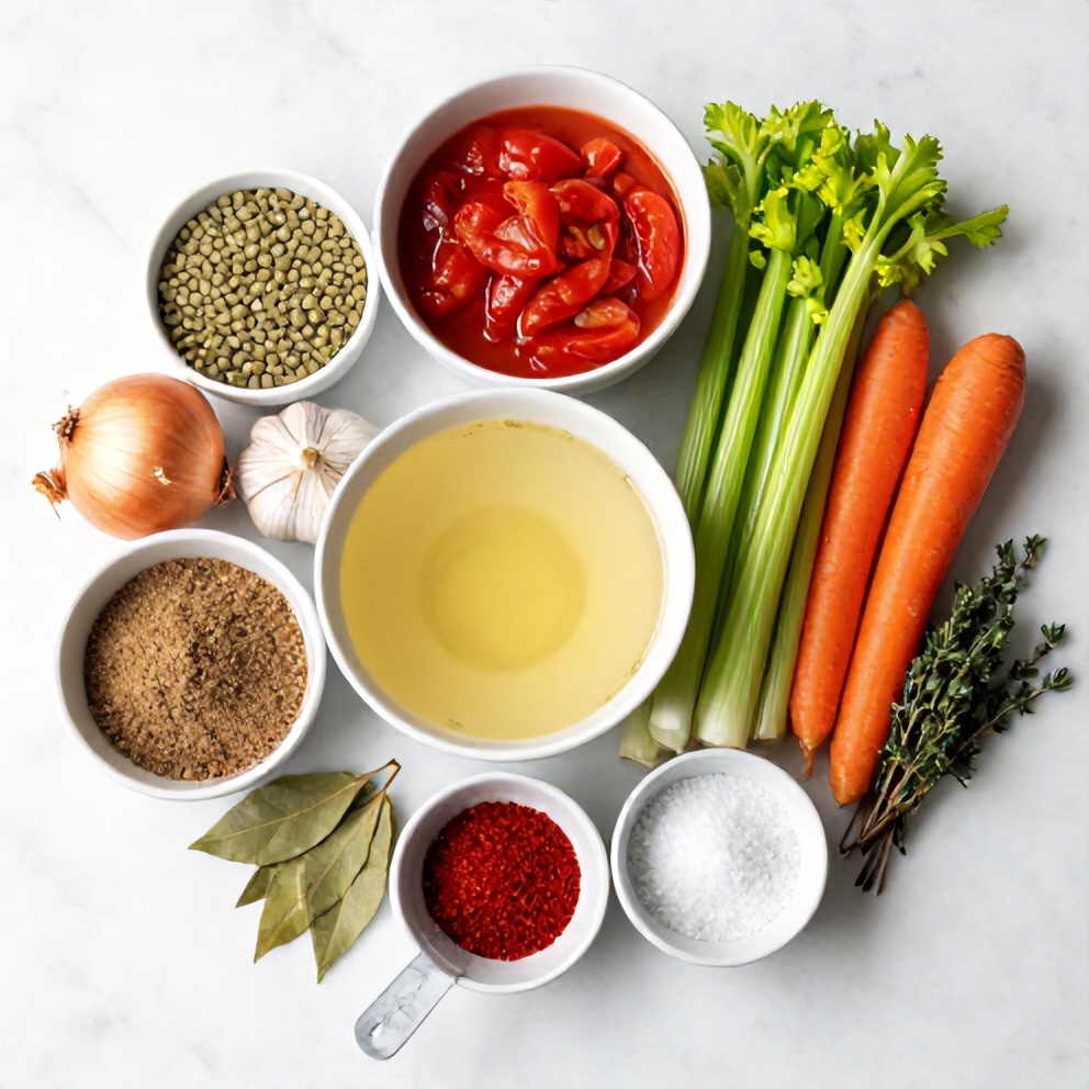 Raw ingredients for Lentil and Vegetable Soup, arranged on a marble surface