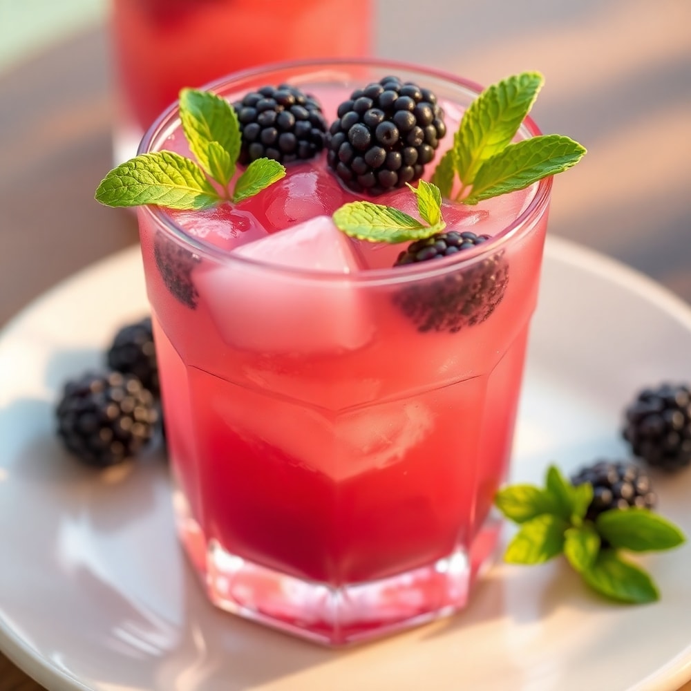 A glass of homemade Blackberry Coconut Pink Drink with a straw
