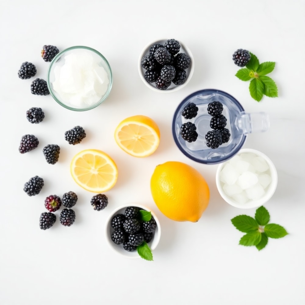 Raw ingredients for Blackberry Coconut Pink Drink arranged in a flat lay