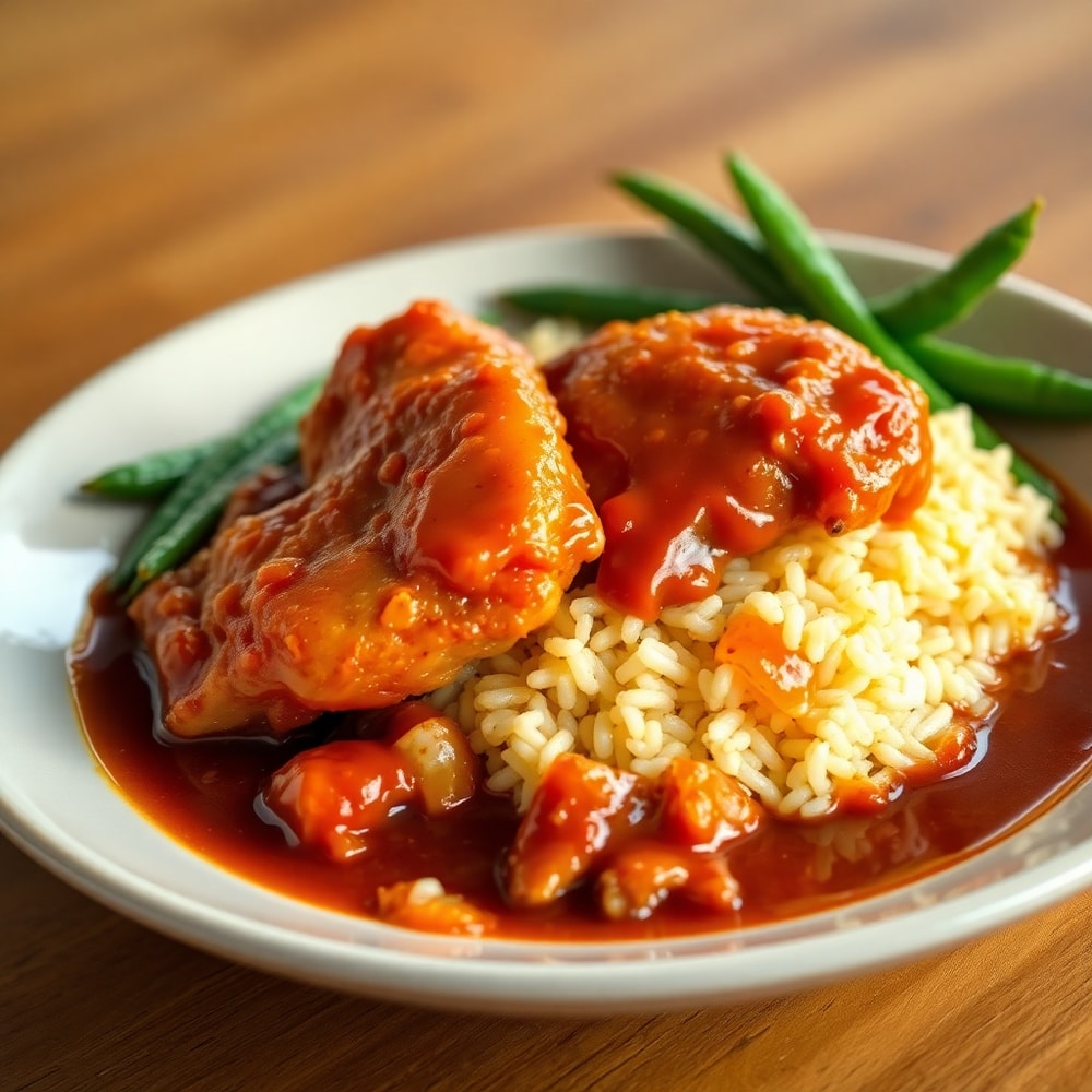 Plated serving of Honey BBQ Chicken and Rice with a side of green beans