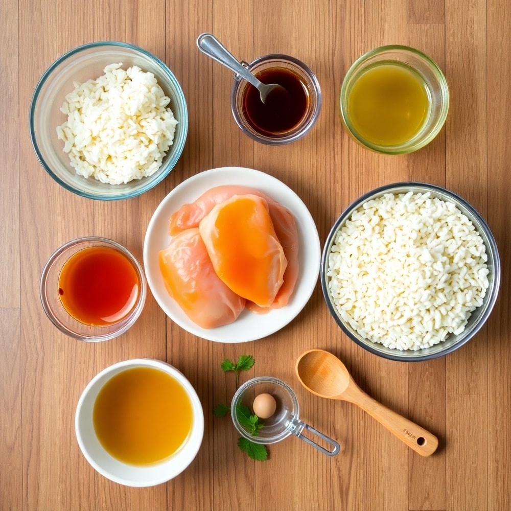 Raw ingredients for Honey BBQ Chicken and Rice laid out on a wooden surface